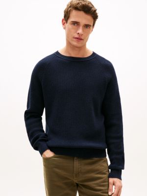 Fisherman Knit Crewneck Sweater, Dark Navy