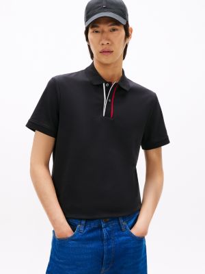 Signature Stripe Placket Interlock Polo, Black