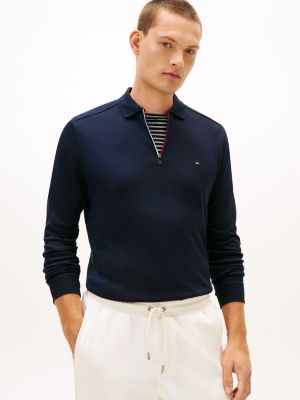 Regular Fit Smooth Cotton Zip Polo, Navy