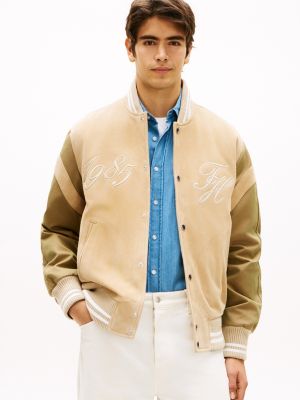 Embroidered Suede Varsity Jacket, Sandalwood