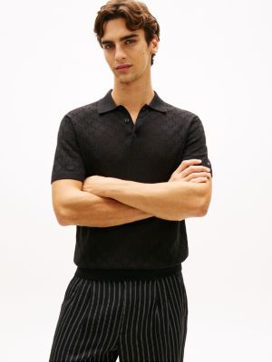 Short-Sleeve Pointelle Sweater Polo, Black