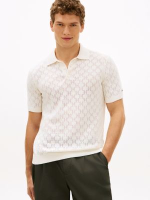 Short-Sleeve Pointelle Sweater Polo, Ivory Petal