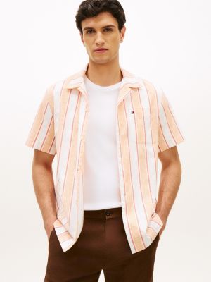 Regular Fit Striped Dobby Camp Shirt, Brilliant Orange/White Stripe