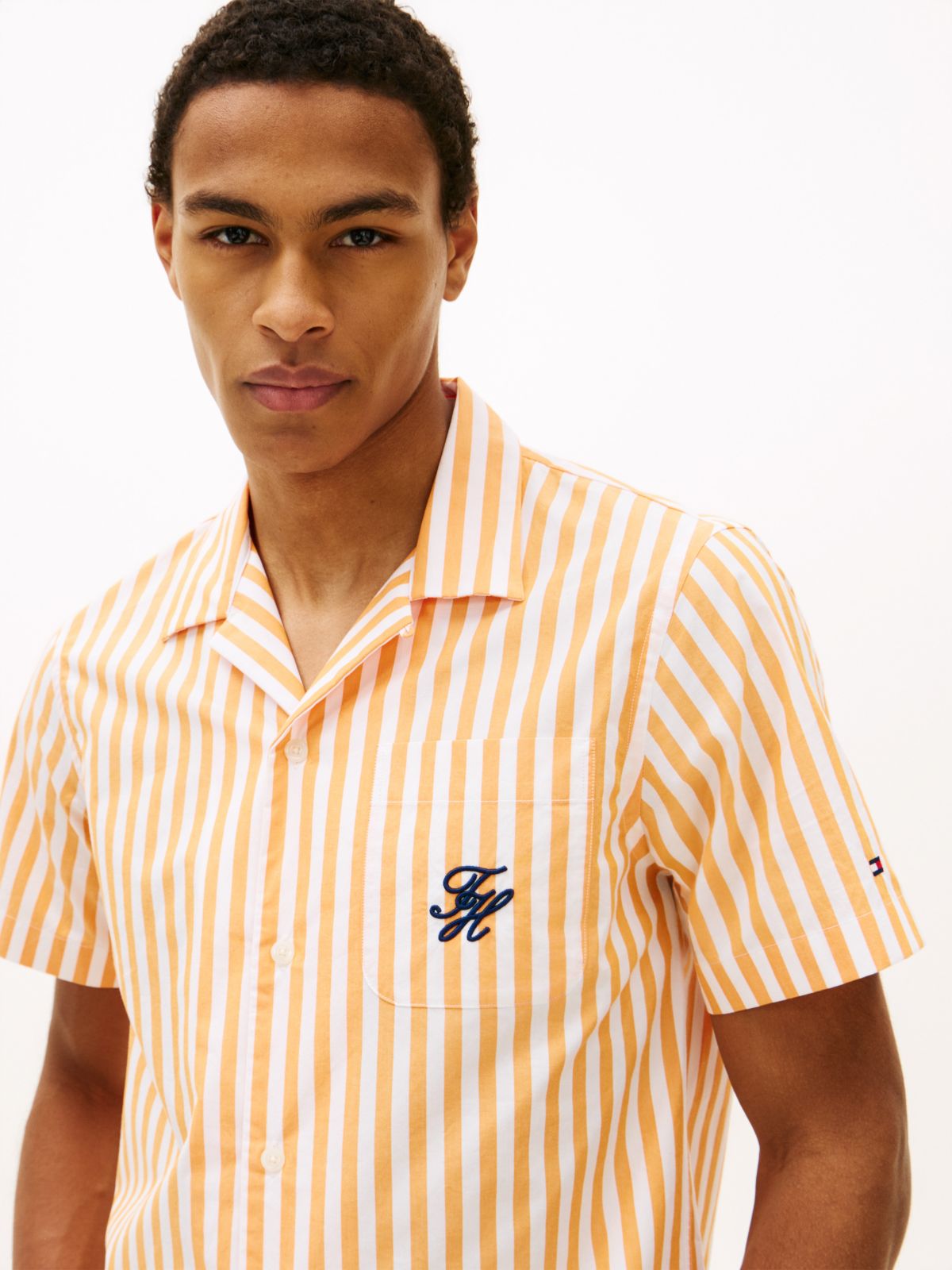 Striped Paper-Touch Camp Shirt — Orange Hype/White Stripe