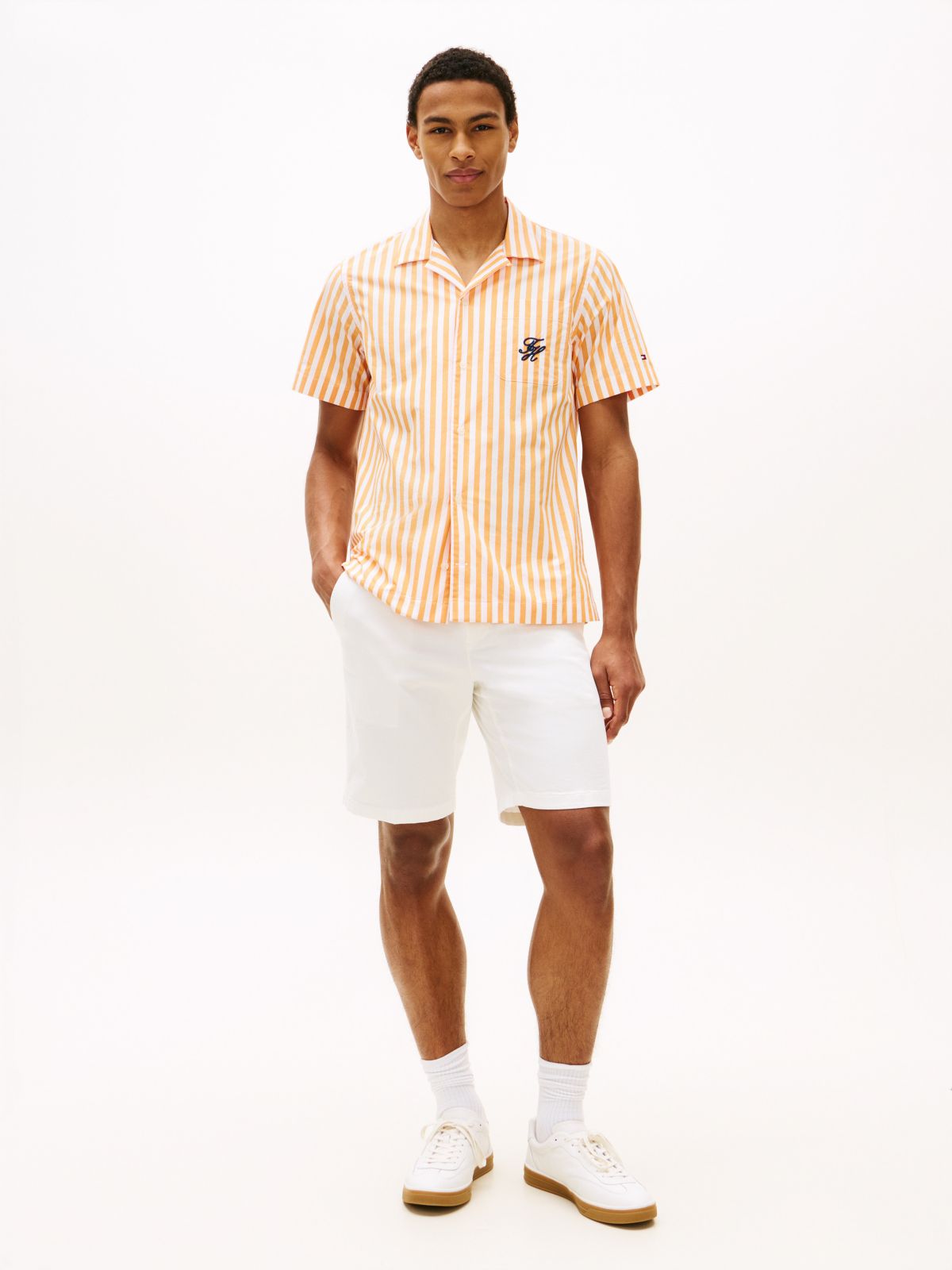 Striped Paper-Touch Camp Shirt — Orange Hype/White Stripe
