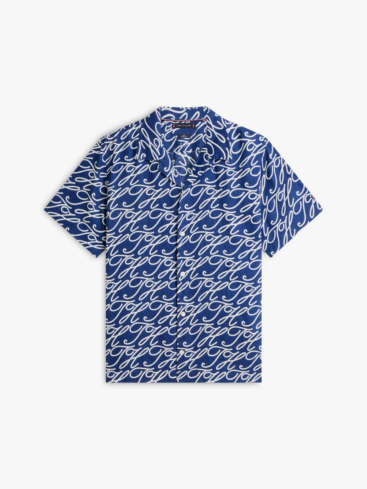 Allover Script Monogram Linen Camp Shirt — Navy