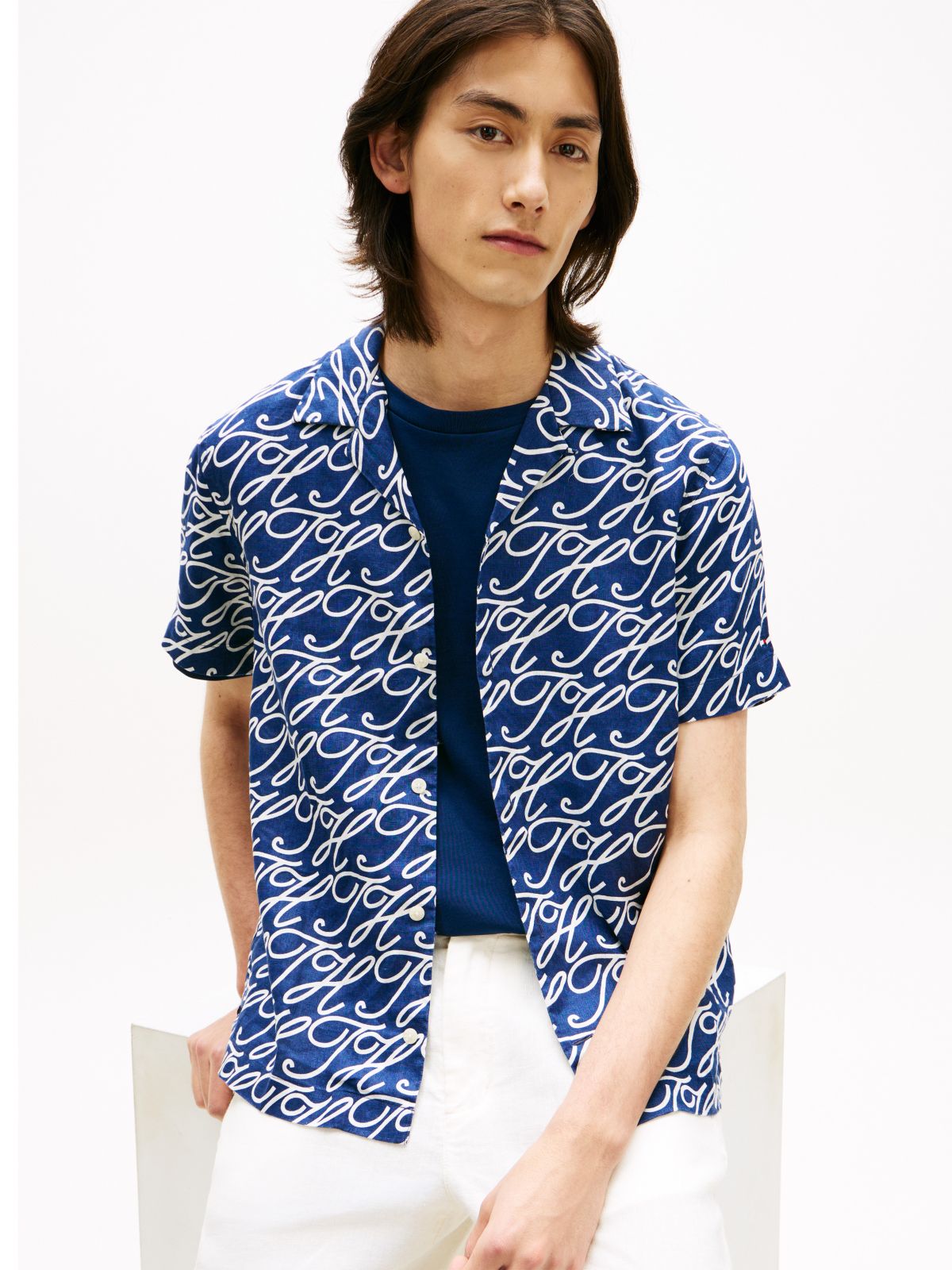 Allover Script Monogram Linen Camp Shirt — Navy