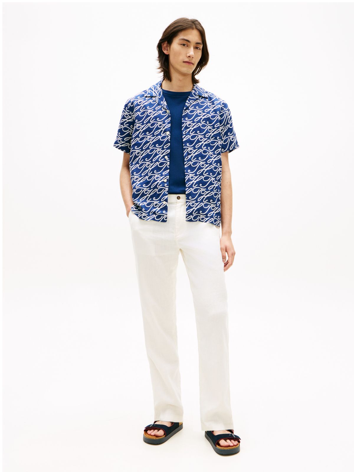 Allover Script Monogram Linen Camp Shirt — Navy