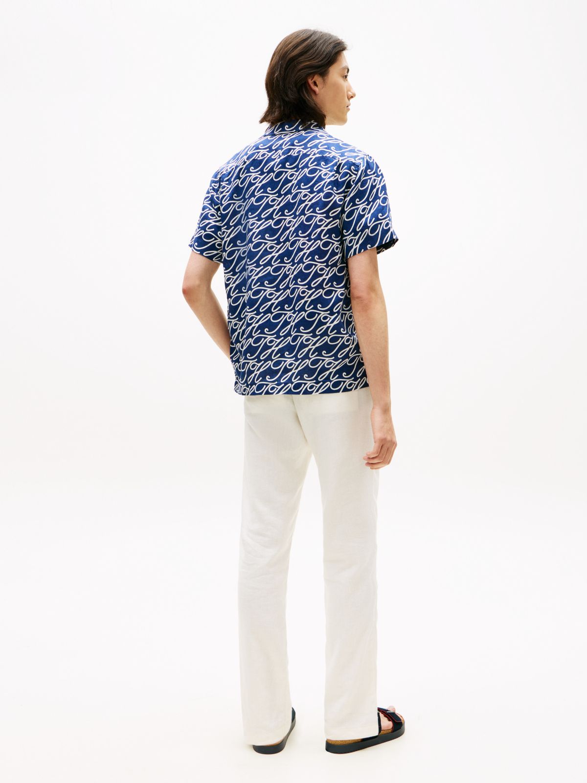 Allover Script Monogram Linen Camp Shirt — Navy