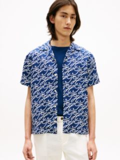 Allover Script Monogram Linen Camp Shirt — Navy 1