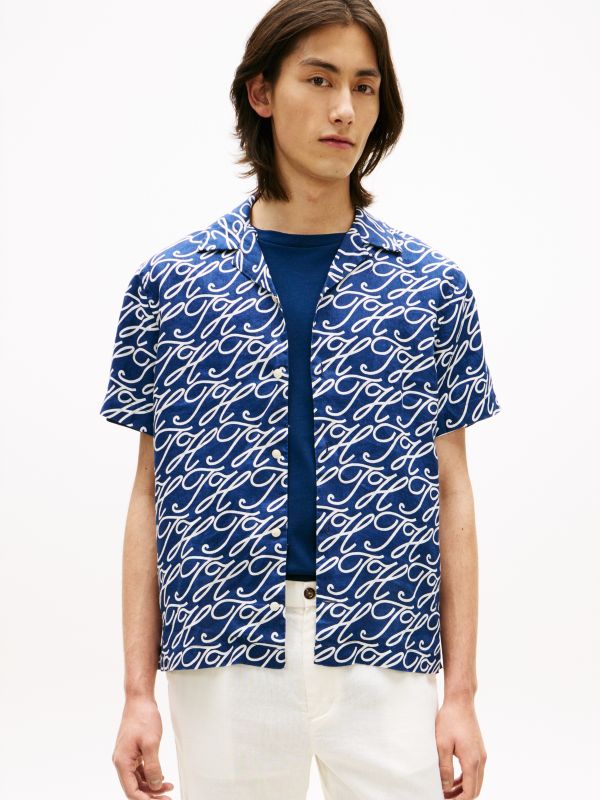 Allover Script Monogram Linen Camp Shirt — Navy