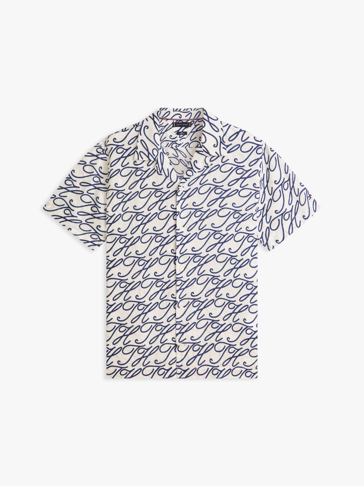 Allover Script Monogram Linen Camp Shirt — Ecru/Blue Print