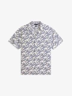 Allover Script Monogram Linen Camp Shirt — Ecru/Blue Print 5
