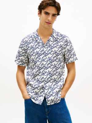 Allover Script Monogram Linen Camp Shirt, Ecru/Blue Print