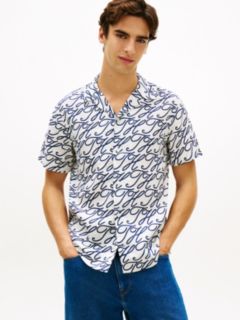 Allover Script Monogram Linen Camp Shirt — Ecru/Blue Print 1