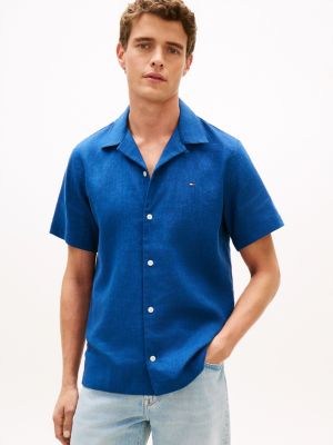 Regular Fit Linen-Blend Camp Shirt, Blue