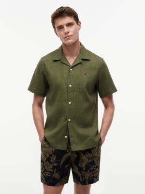 Regular Fit Linen-Blend Camp Shirt, Dark Artichoke