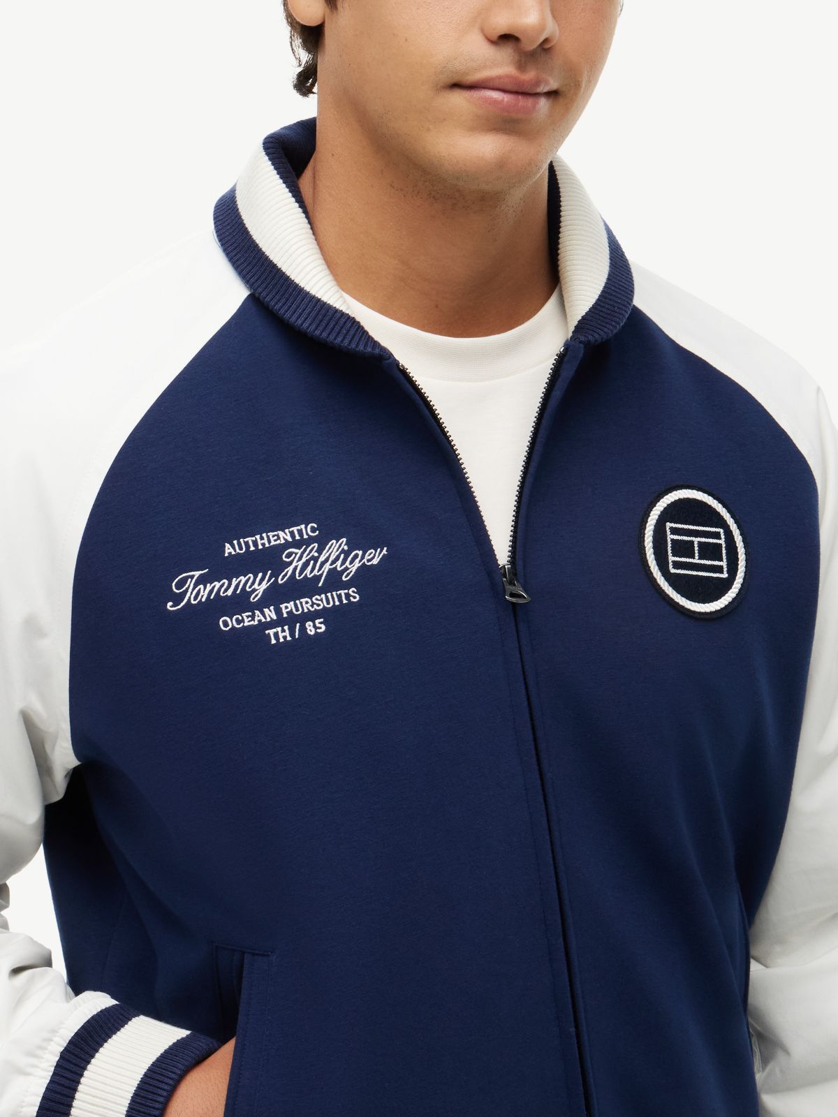 Nautical Mixed-Media Bomber Jacket — Light Navy