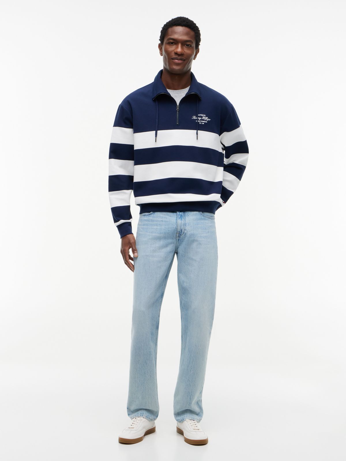 Breton Stripe Quarter-Zip Sweatshirt — Light Navy