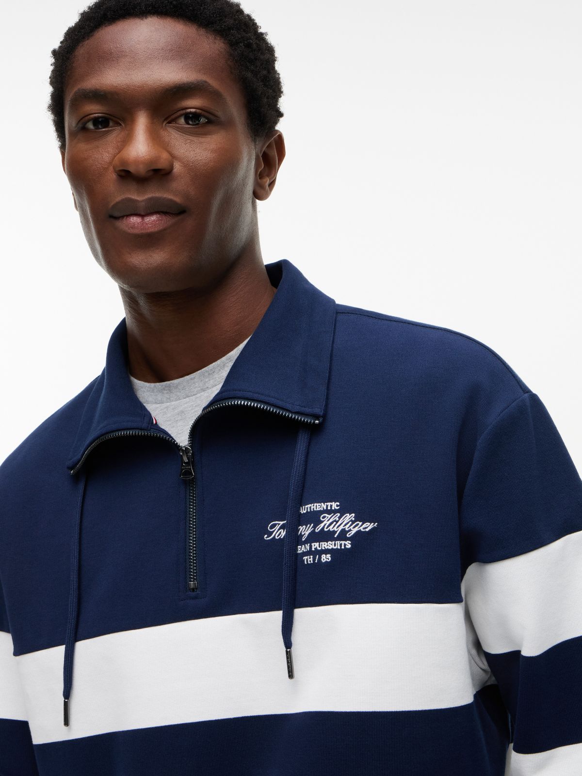 Breton Stripe Quarter-Zip Sweatshirt — Light Navy