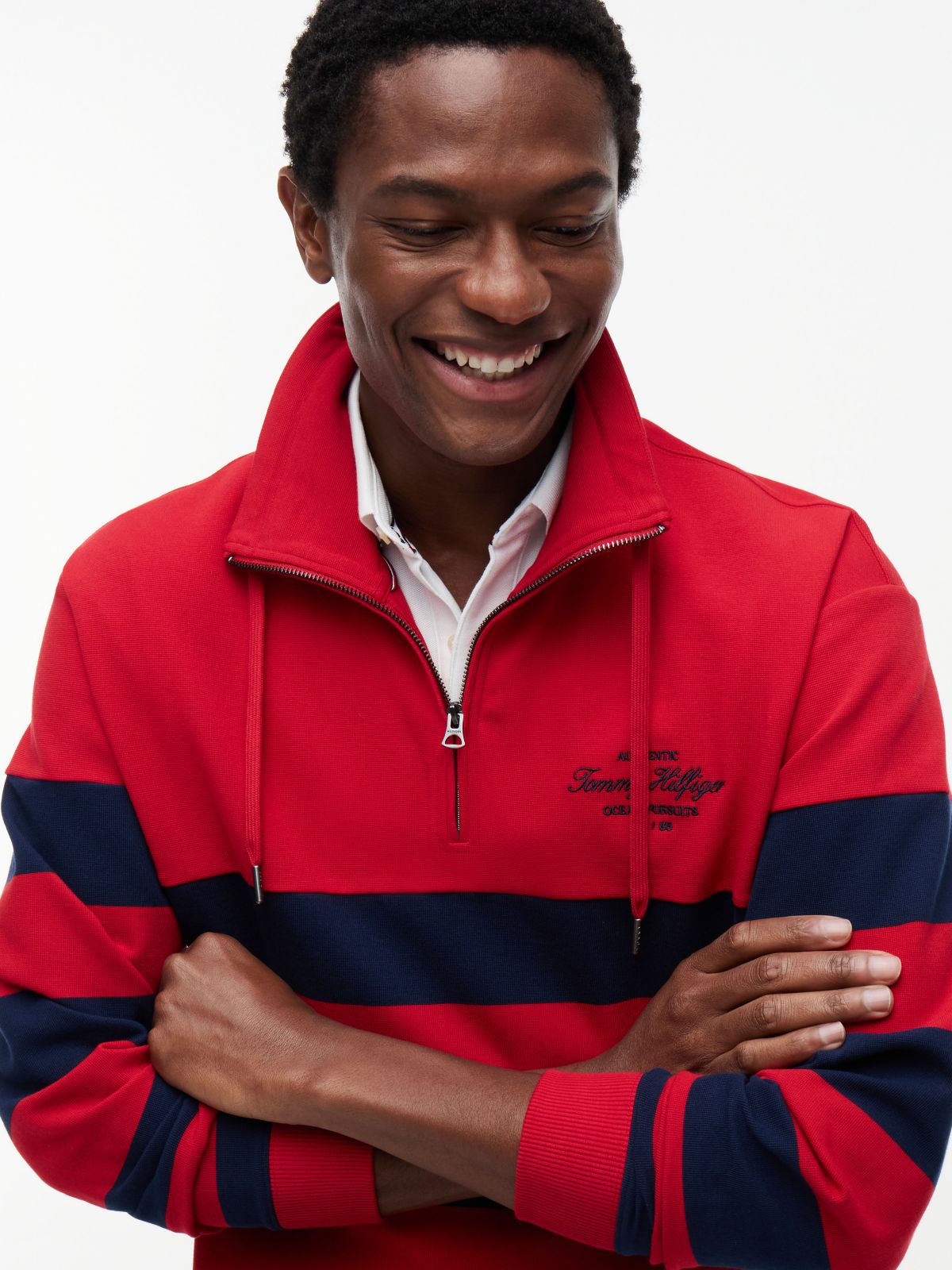 Breton Stripe Quarter-Zip Sweatshirt — Medium Red