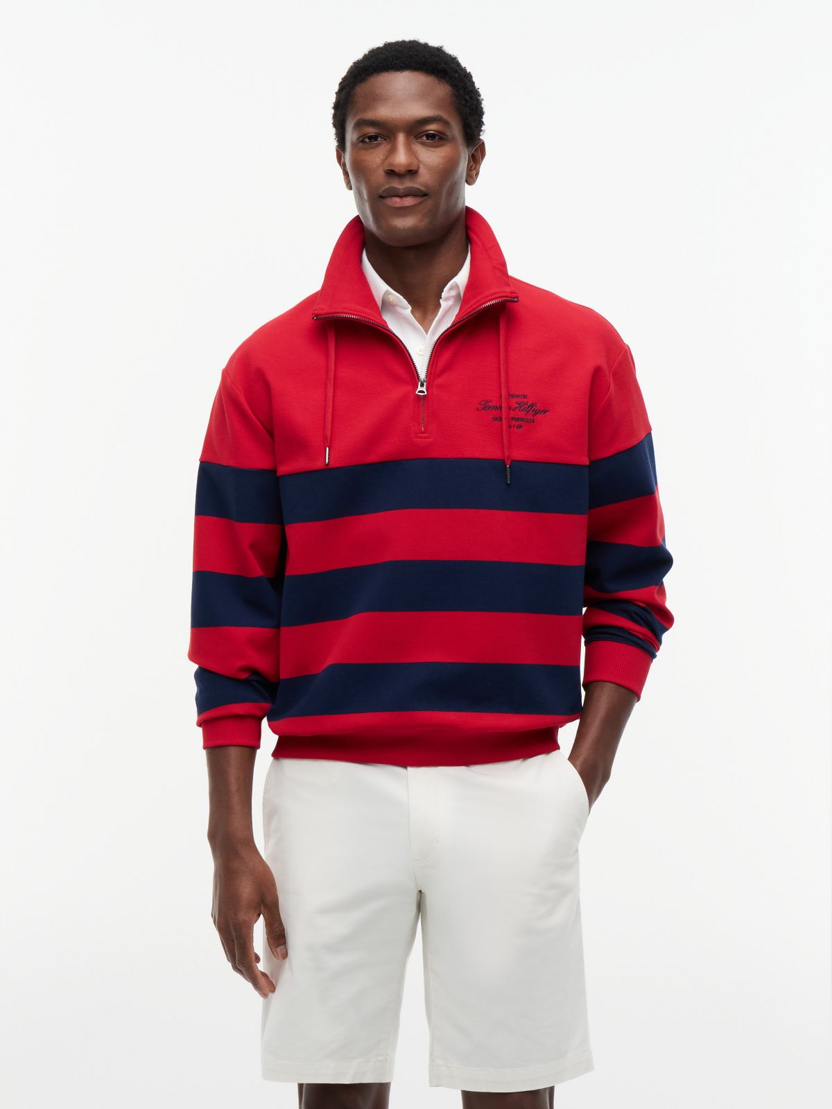 Breton Stripe Quarter-Zip Sweatshirt — Medium Red