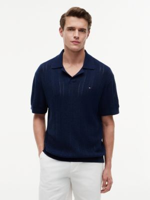 Relaxed Fit Pointelle Sweater Polo, Light Navy Heather
