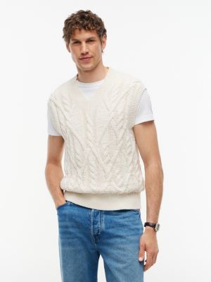 Relaxed Fit Cable Knit Sweater Vest, Ivory Petal