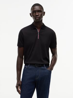 Regular Fit Smooth Cotton Zip Polo, Black