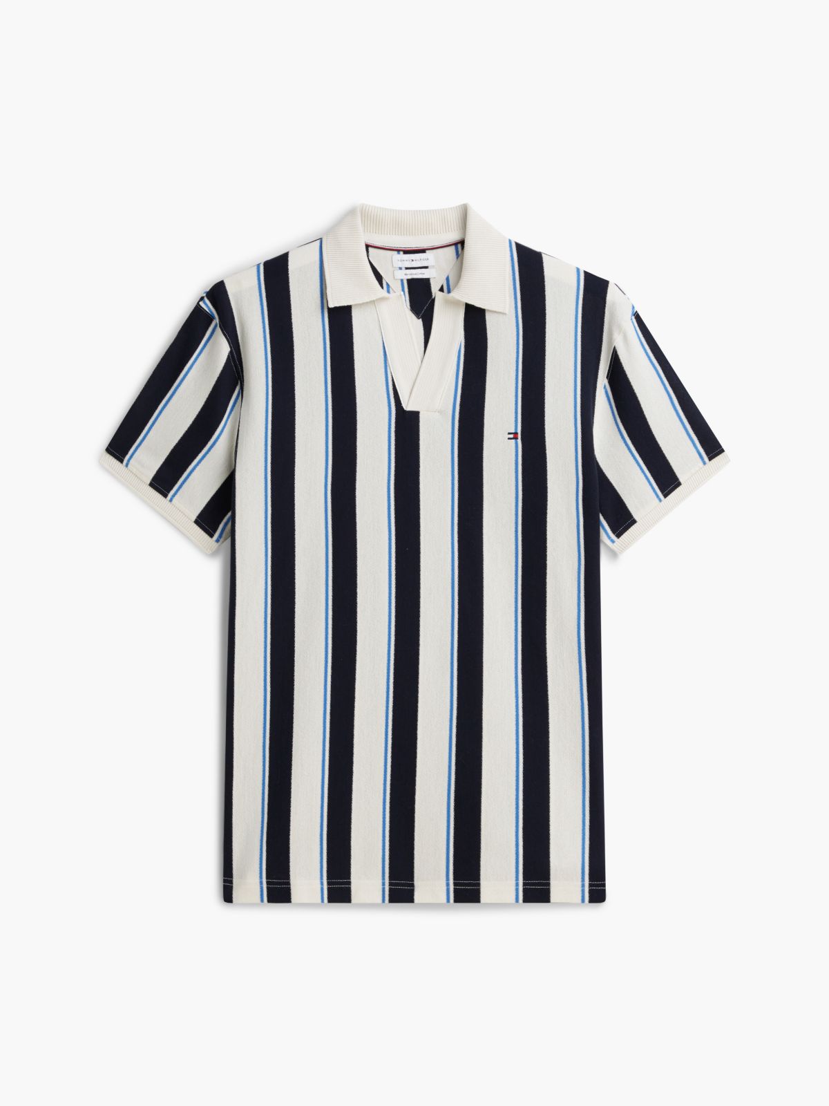 Classic Fit Open Placket Crepe Polo — Ivory Petal/Navy