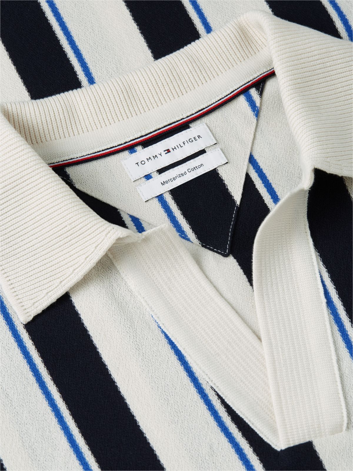 Classic Fit Open Placket Crepe Polo — Ivory Petal/Navy