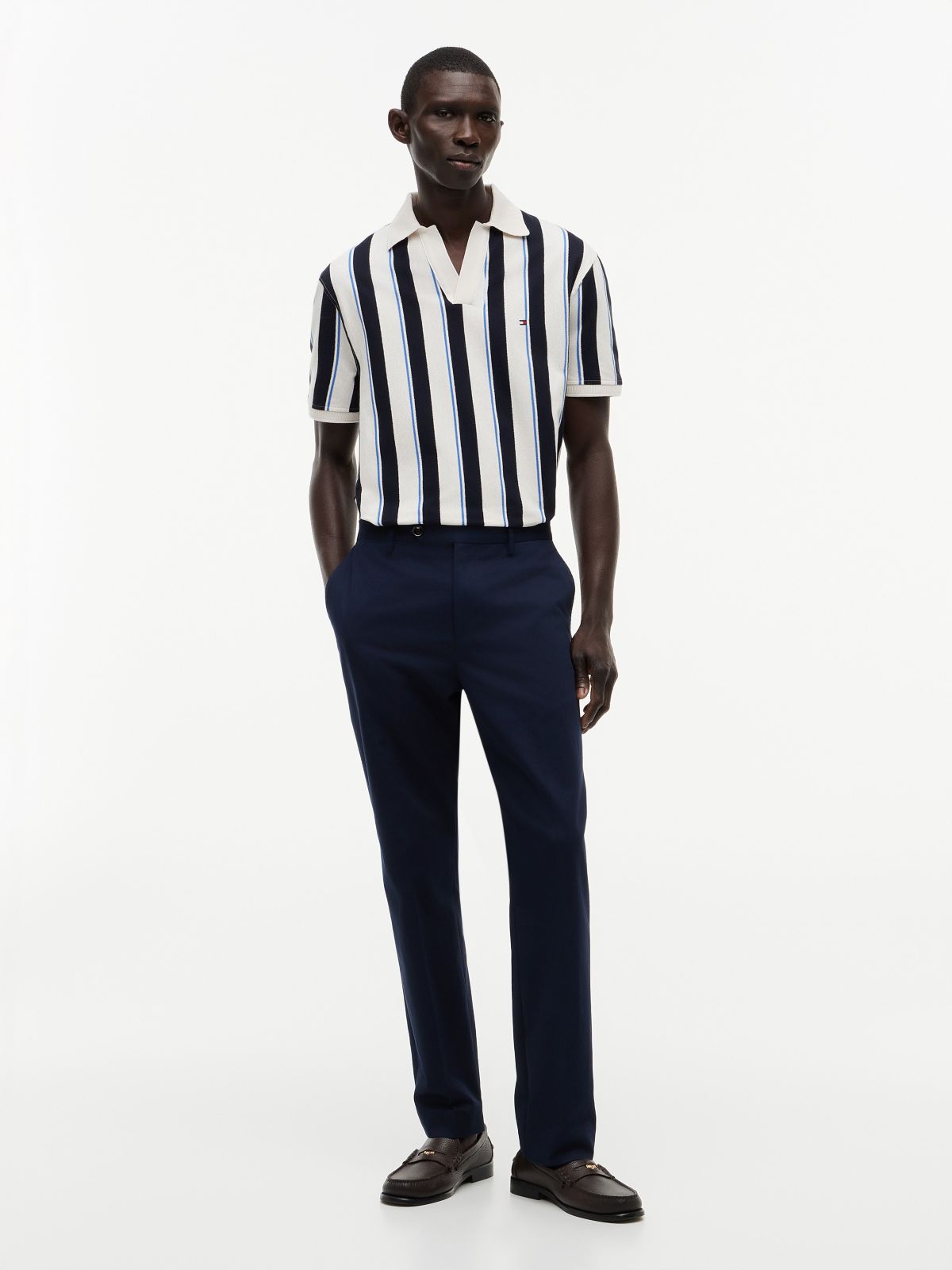 Classic Fit Open Placket Crepe Polo — Ivory Petal/Navy