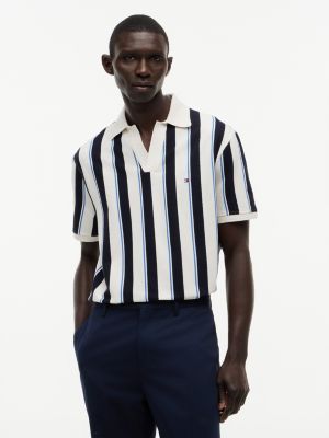 Classic Fit Open Placket Crepe Polo, Ivory Petal/Navy