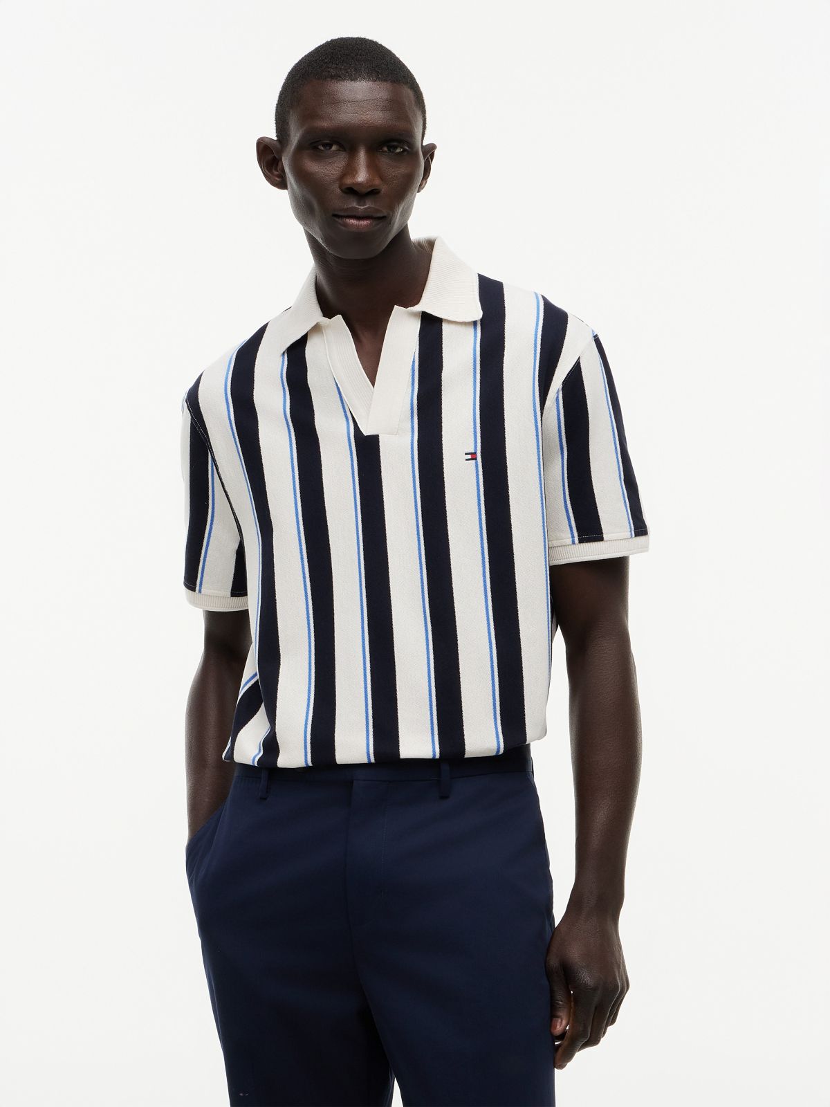 Classic Fit Open Placket Crepe Polo — Ivory Petal/Navy