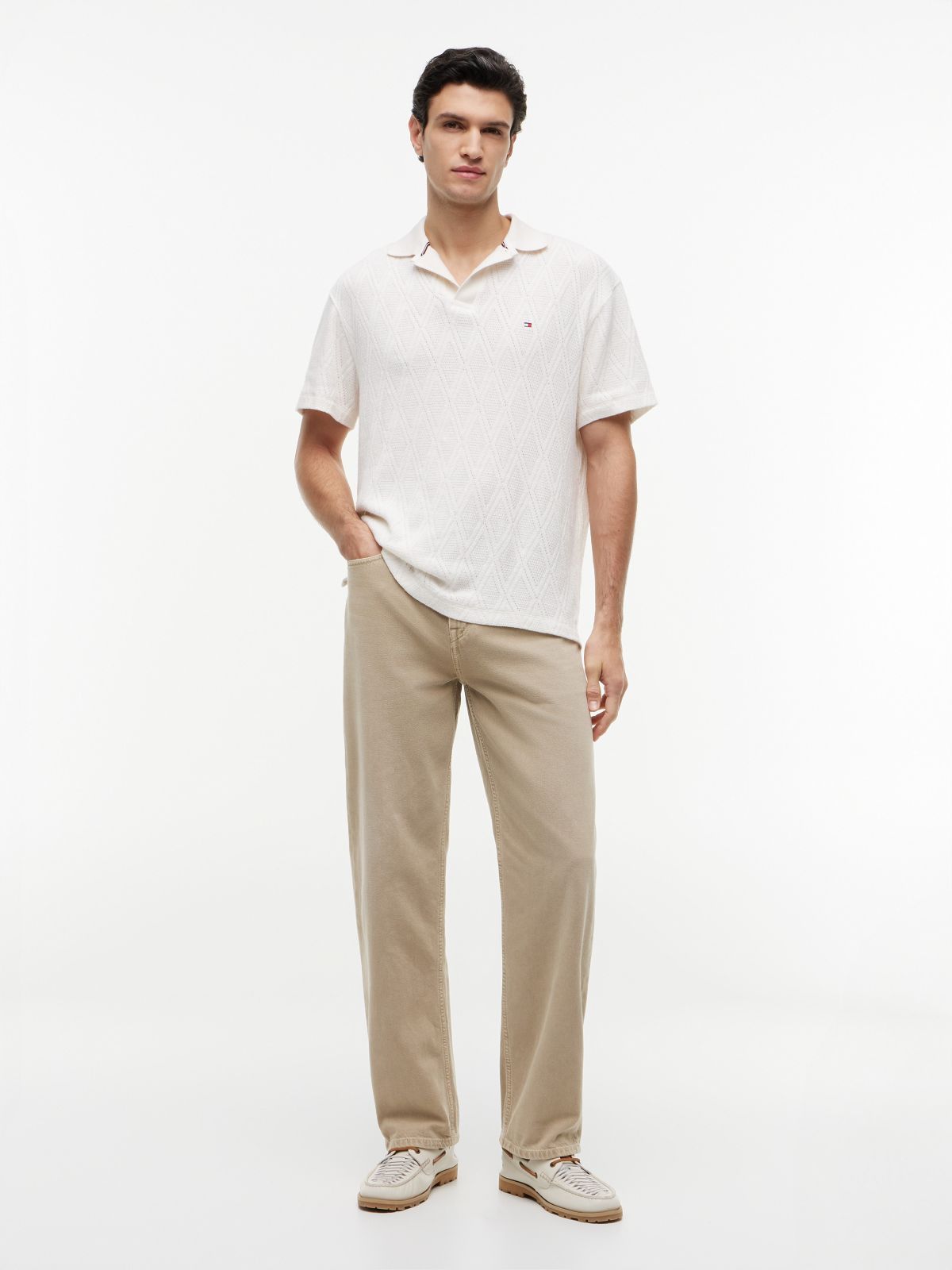 Classic Fit Textured Jacquard Polo — Ivory Petal