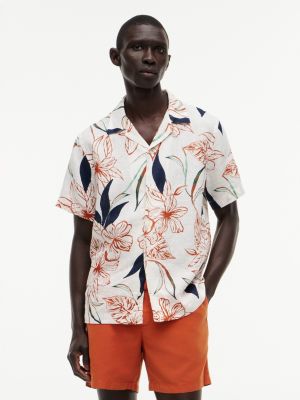 Regular Fit Floral Linen Camp Shirt, Ivory Petal Print