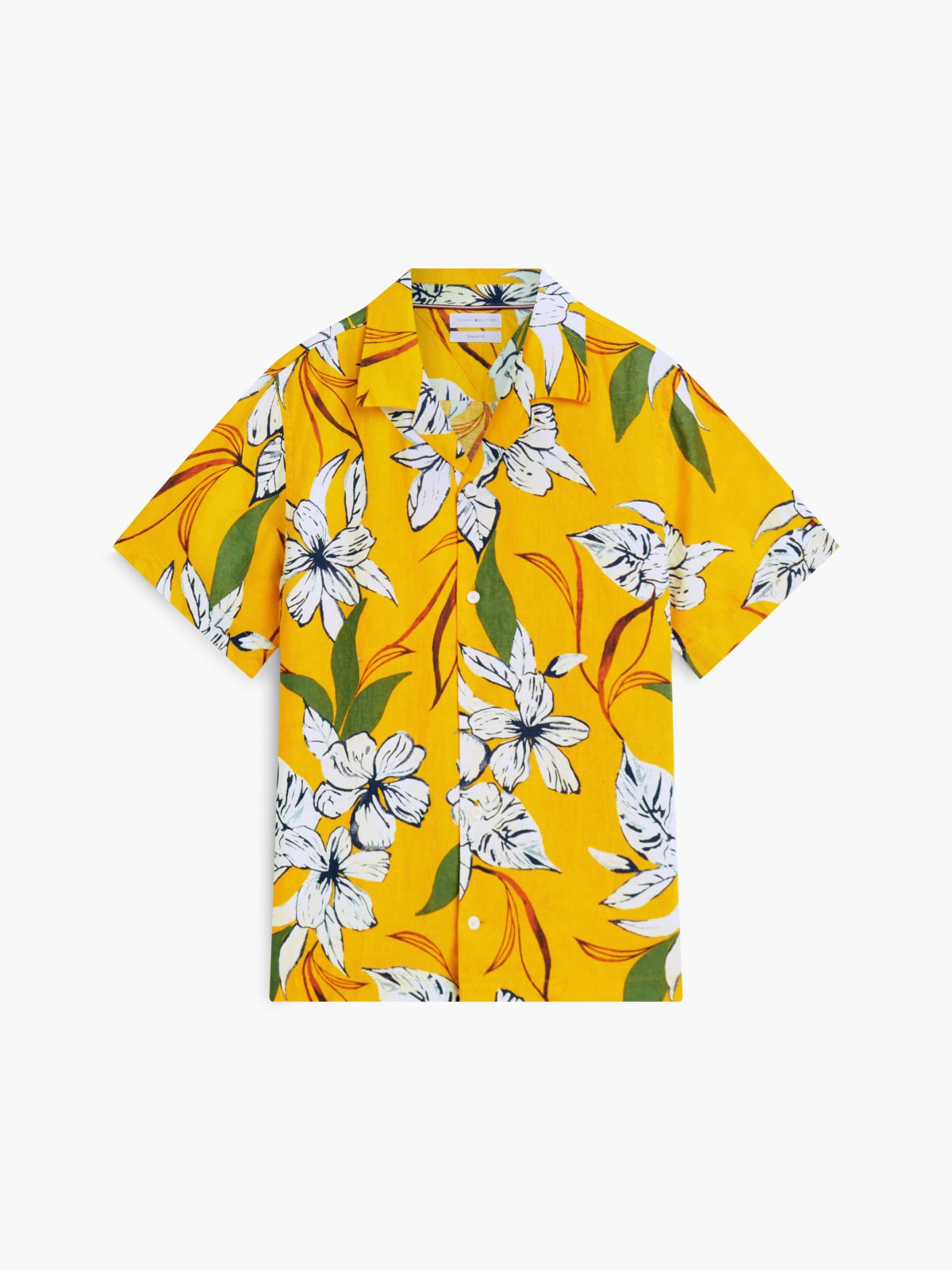Regular Fit Floral Linen Camp Shirt — Orange Flash