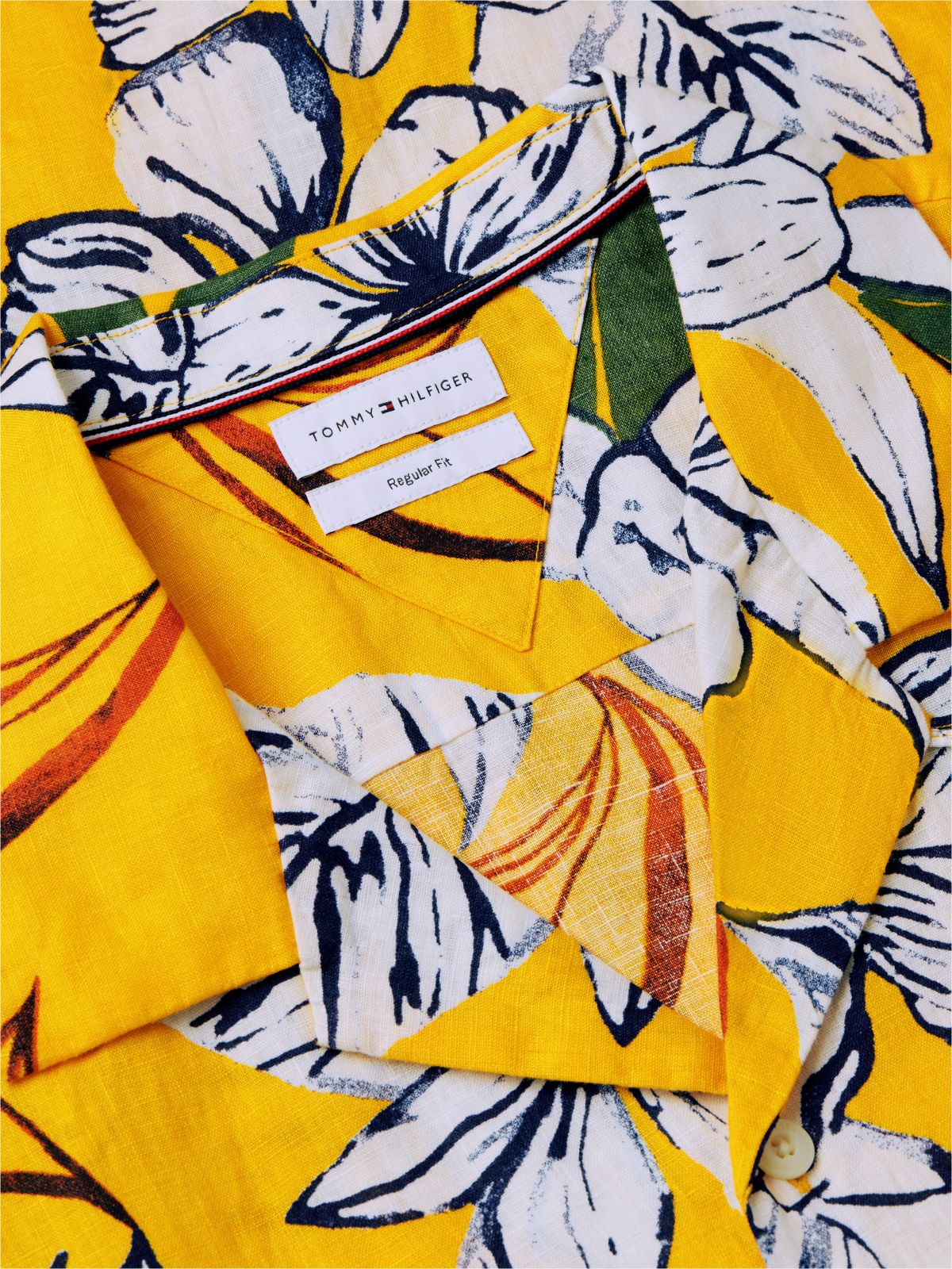 Regular Fit Floral Linen Camp Shirt — Orange Flash