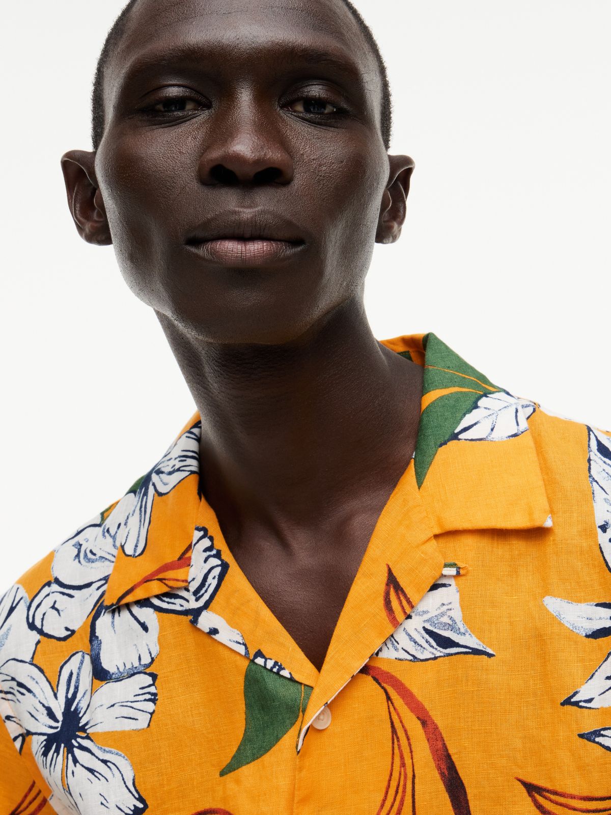 Regular Fit Floral Linen Camp Shirt — Orange Flash