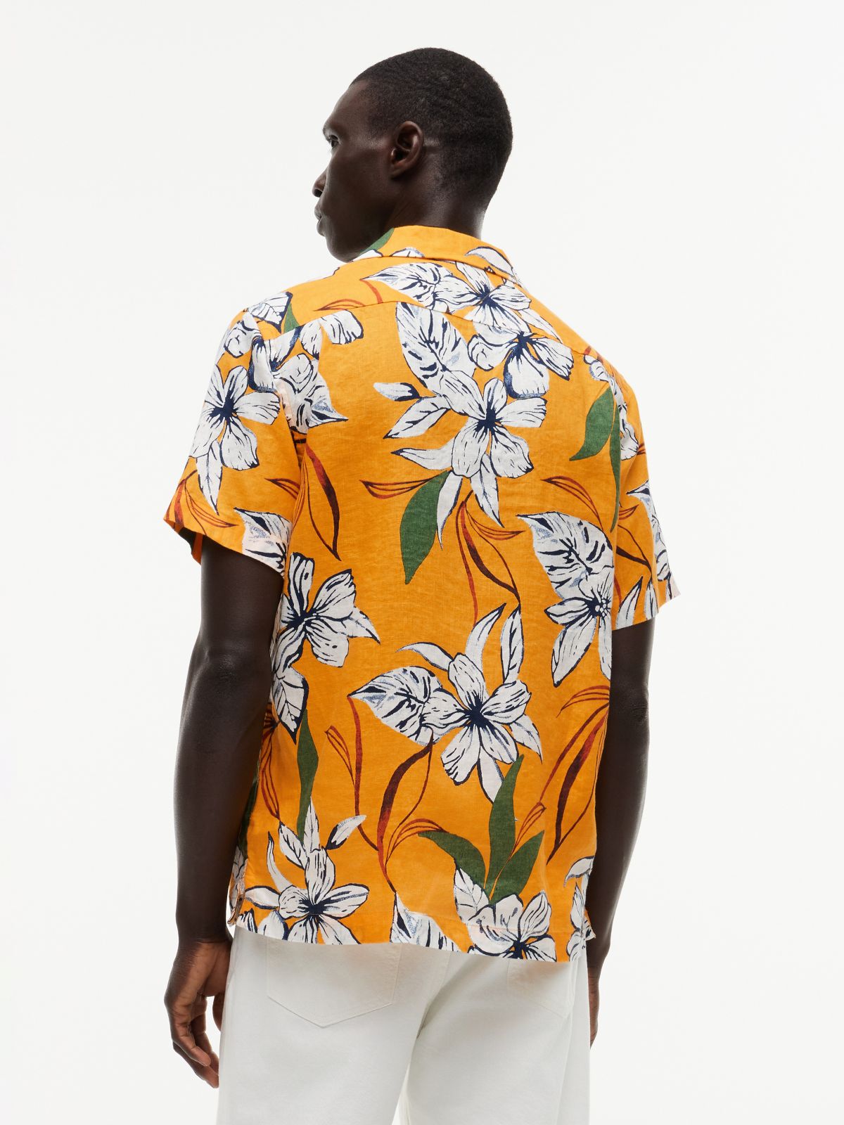 Regular Fit Floral Linen Camp Shirt — Orange Flash