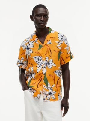Regular Fit Floral Linen Camp Shirt, Orange Flash