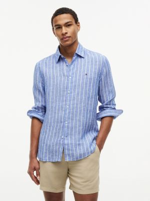 Regular Fit Striped Linen Shirt, Regal Blue/White Stripe