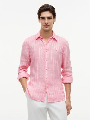 Regular Fit Striped Linen Shirt, Doll Pink/White Stripe