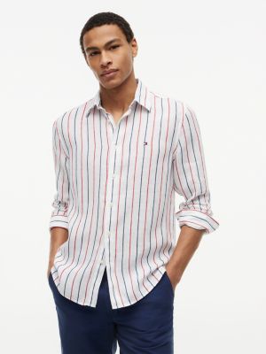 Regular Fit Striped Linen Shirt, White/Red Stripe