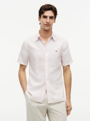 Regular Fit Striped Cotton-Linen Shirt, Pink Lily/White Stripe