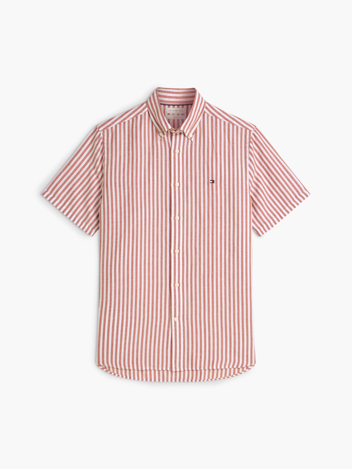 Regular Fit Striped Cotton-Linen Shirt — Rusty Ochre/White Stripe
