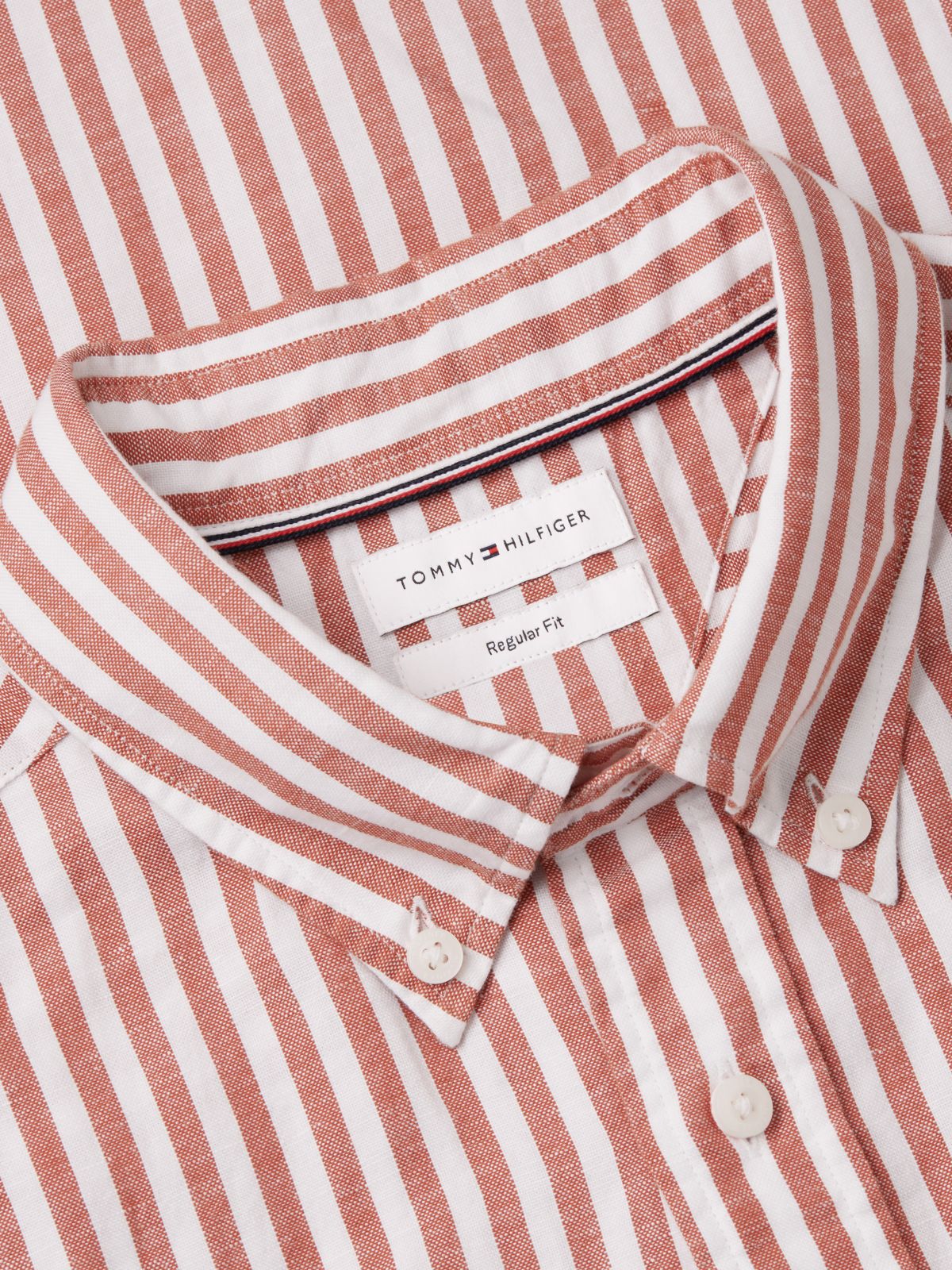 Regular Fit Striped Cotton-Linen Shirt — Rusty Ochre/White Stripe