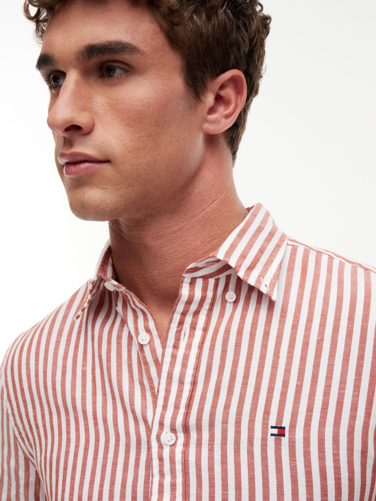 Regular Fit Striped Cotton-Linen Shirt — Rusty Ochre/White Stripe