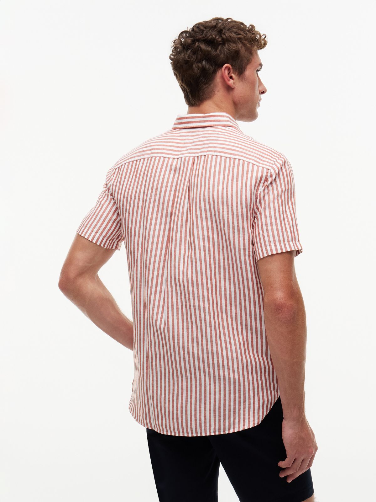 Regular Fit Striped Cotton-Linen Shirt — Rusty Ochre/White Stripe