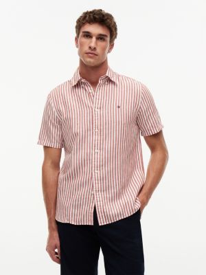 Regular Fit Striped Cotton-Linen Shirt, Rusty Ochre/White Stripe